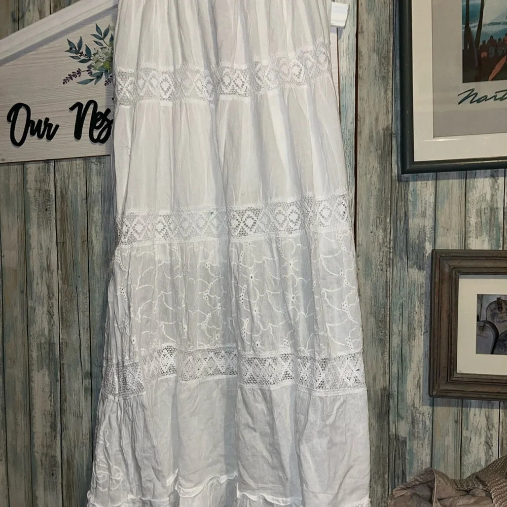 White Waves L/XL White Eyelet Maxi Skirt with Tassel Drawstring